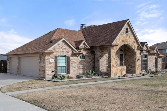 view of front facade featuring driveway, a chimney, roof with shingles, a front lawn, and brick siding