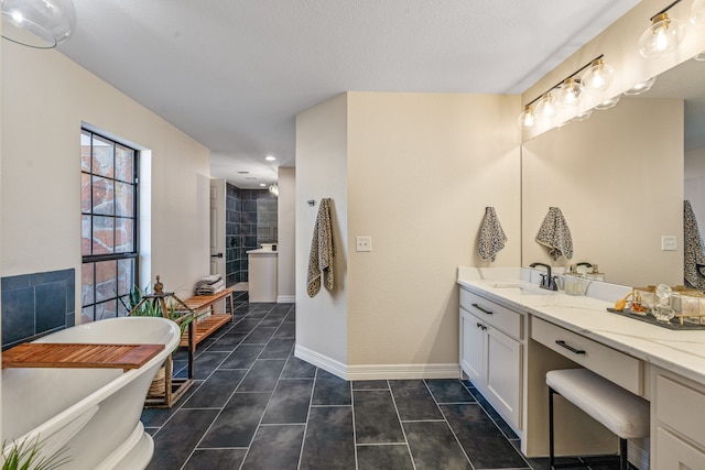 bathroom featuring tile patterned floors, vanity, and plus walk in shower