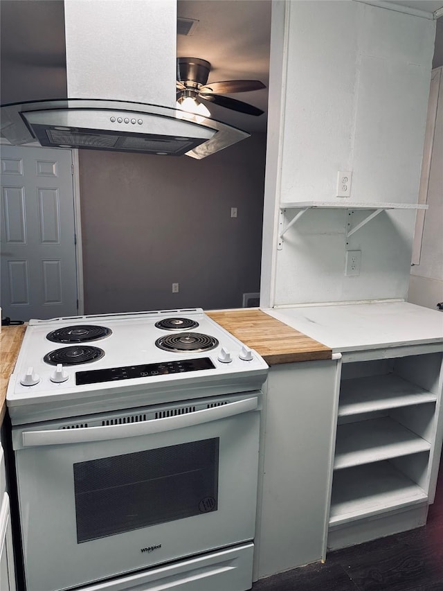 kitchen featuring island exhaust hood, ceiling fan, and electric stove