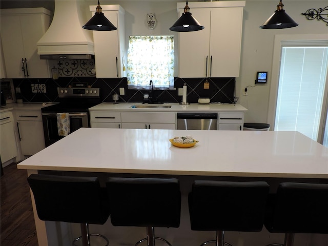 kitchen featuring white cabinetry, sink, tasteful backsplash, custom range hood, and appliances with stainless steel finishes