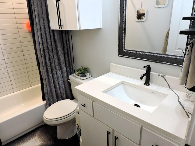 full bathroom with shower / bath combination with curtain, toilet, and vanity