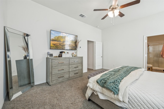 carpeted bedroom featuring connected bathroom and ceiling fan