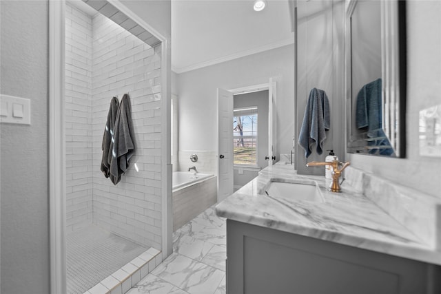 bathroom featuring vanity, crown molding, and independent shower and bath