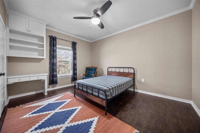 bedroom featuring ceiling fan, ornamental molding, and dark wood-type flooring