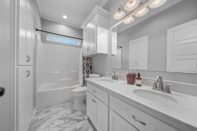 full bathroom with vanity, toilet, shower / bathtub combination with curtain, and crown molding