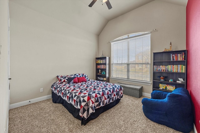 carpeted bedroom featuring ceiling fan and lofted ceiling