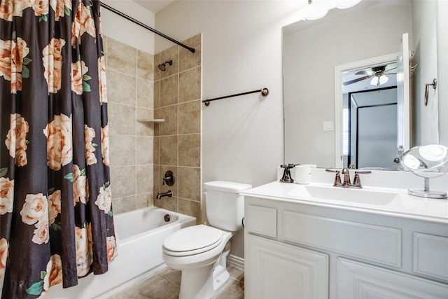 full bathroom featuring shower / bath combination with curtain, vanity, toilet, and ceiling fan