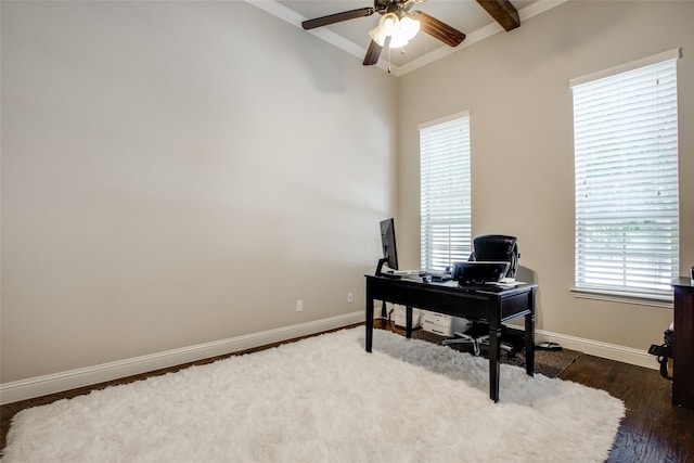 office with ceiling fan, crown molding, beamed ceiling, and dark wood-type flooring