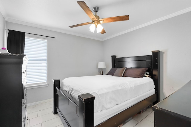 tiled bedroom featuring ceiling fan and crown molding