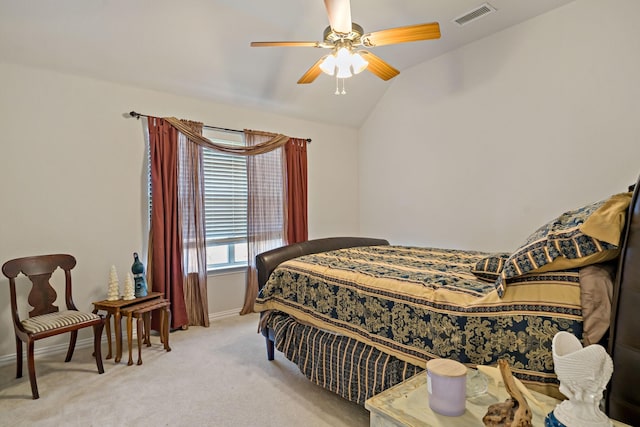 bedroom featuring light carpet, ceiling fan, and lofted ceiling