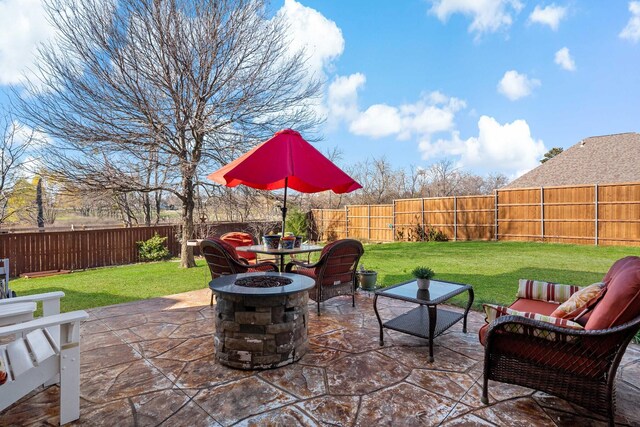 view of patio / terrace with an outdoor living space with a fire pit