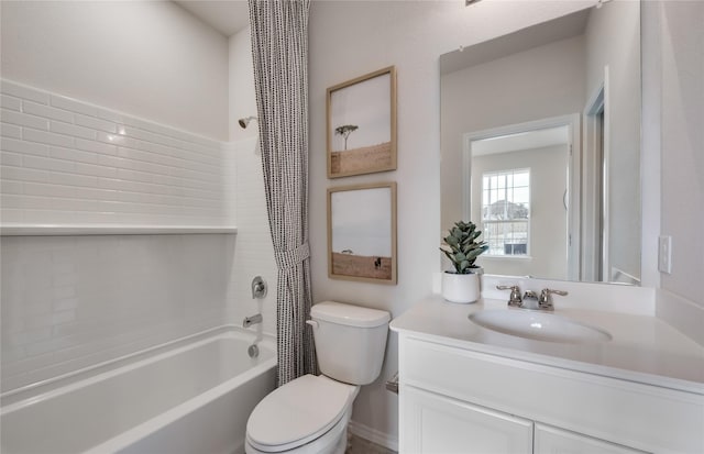 full bathroom with vanity, bathtub / shower combination, and toilet