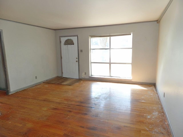 interior space with ornamental molding and hardwood / wood-style floors