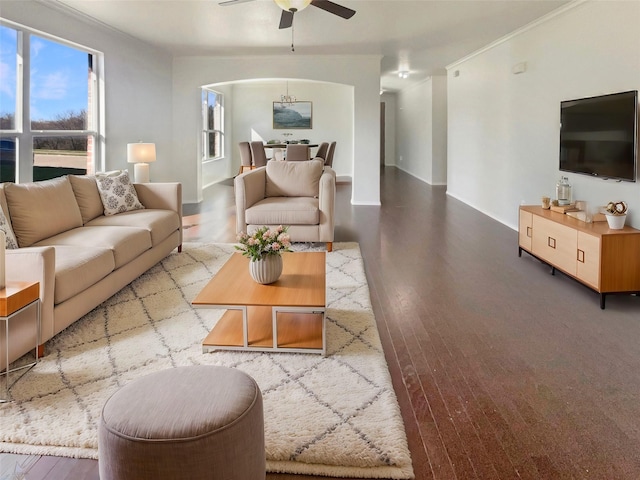 living room featuring a healthy amount of sunlight, ceiling fan, wood-type flooring, and ornamental molding