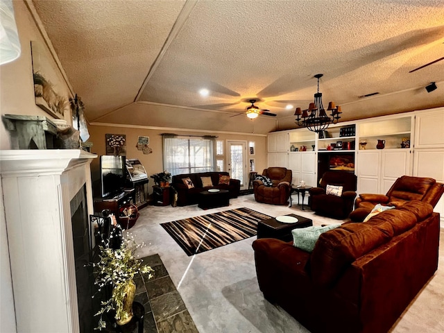 1030 Laurel Ln, Paris, TX 75460 - living room featuring a textured ceiling, visible vents, ceiling fan with notable chandelier, vaulted ceiling, and a fireplace