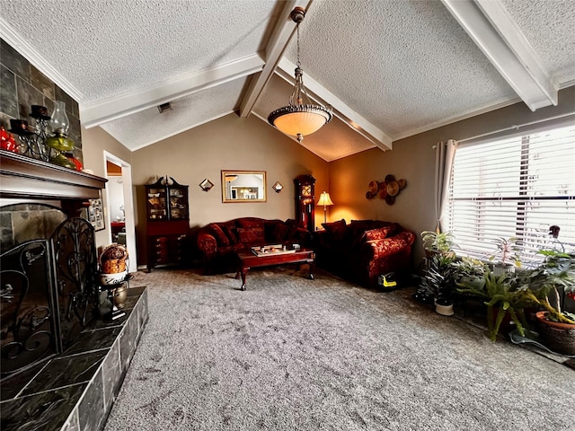 living room featuring carpet flooring, vaulted ceiling with beams, a textured ceiling, and a fireplace