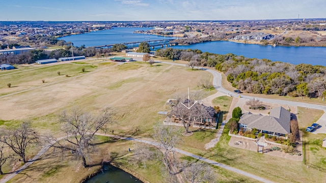 drone / aerial view with a water view