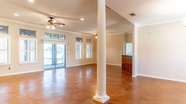 tiled spare room featuring ceiling fan, ornamental molding, and decorative columns