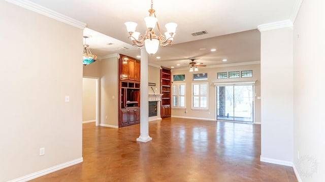 unfurnished living room with ceiling fan with notable chandelier and crown molding