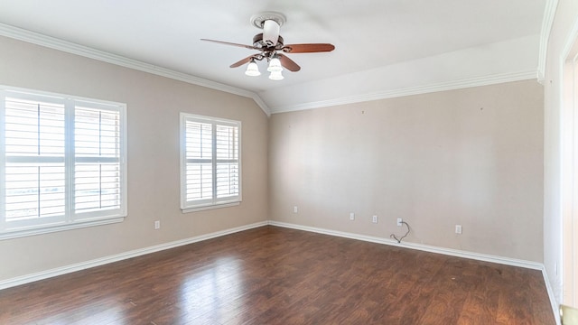 empty room with ceiling fan, lofted ceiling, dark wood-type flooring, and ornamental molding