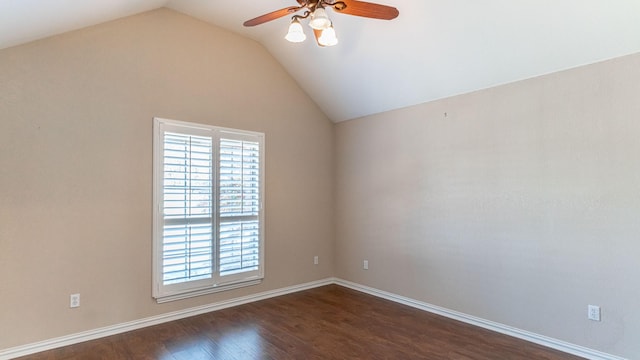 unfurnished room featuring ceiling fan, dark wood-type flooring, and vaulted ceiling