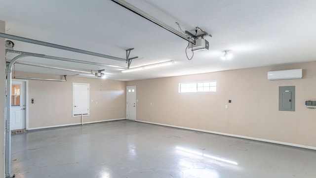 garage with a garage door opener, an AC wall unit, and electric panel