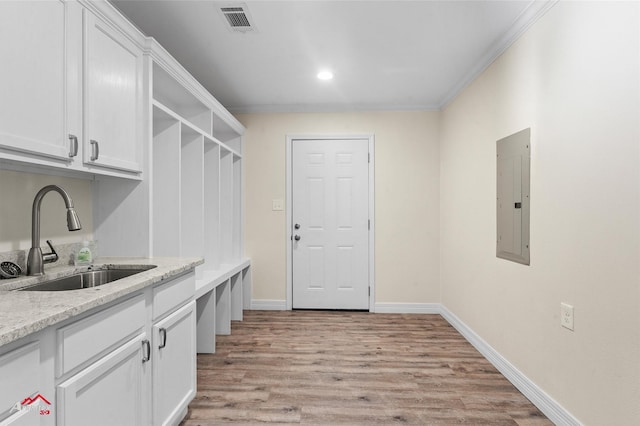 interior space with electric panel, light hardwood / wood-style floors, crown molding, and sink