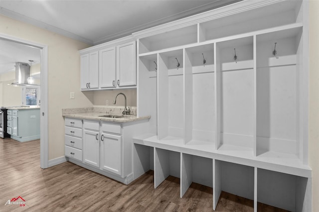 mudroom featuring sink, light hardwood / wood-style flooring, and ornamental molding