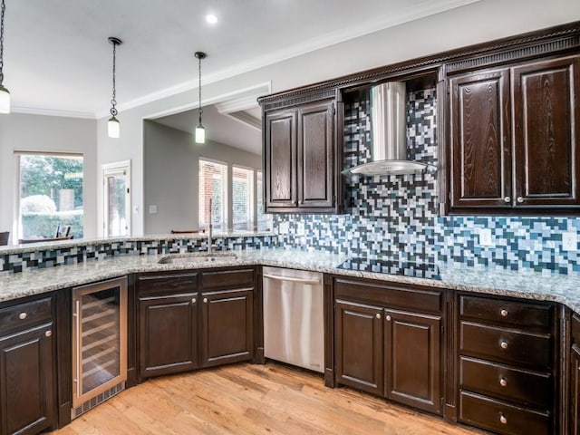 kitchen with dark brown cabinetry, dishwasher, wine cooler, and black electric cooktop