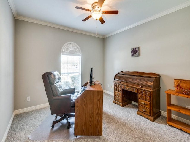 carpeted office featuring crown molding and ceiling fan