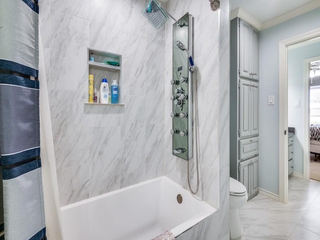 bathroom featuring crown molding, shower / tub combo, and toilet