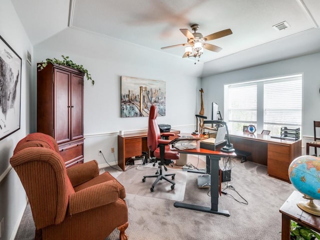 carpeted home office featuring ceiling fan and lofted ceiling