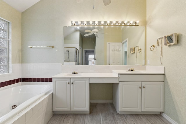 bathroom with separate shower and tub and vanity