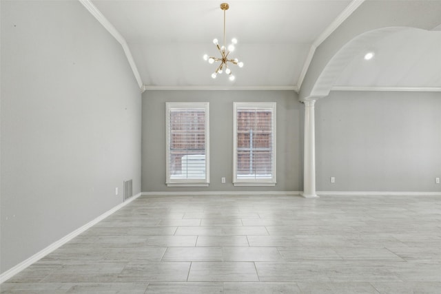 unfurnished room with crown molding, decorative columns, vaulted ceiling, and a notable chandelier