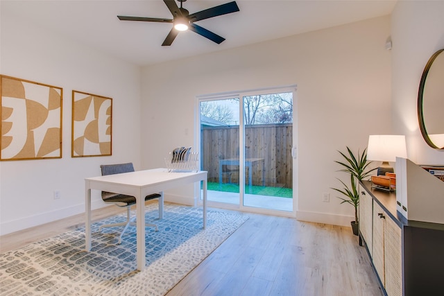 office area featuring ceiling fan and light hardwood / wood-style floors