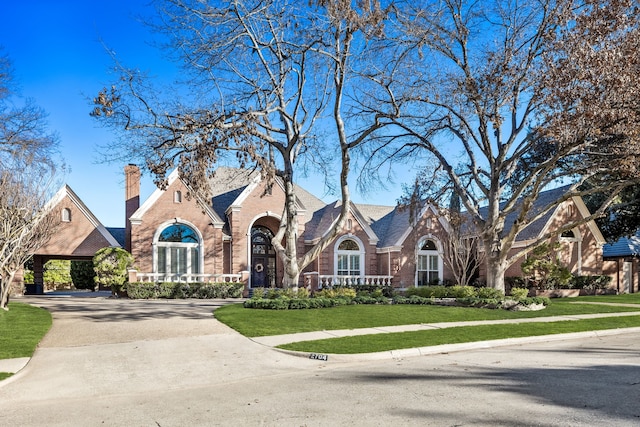 tudor house featuring a front lawn