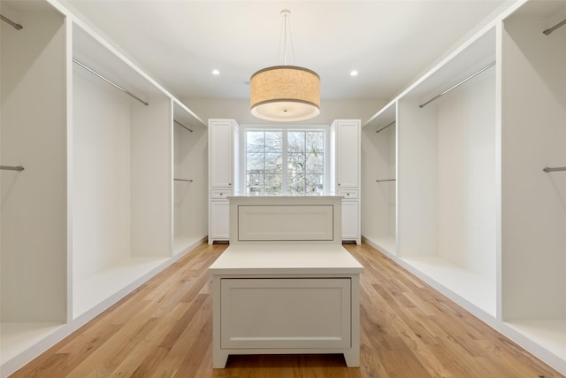 walk in closet with light hardwood / wood-style flooring