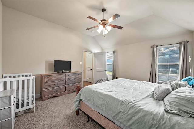 bedroom with light carpet, ceiling fan, and lofted ceiling