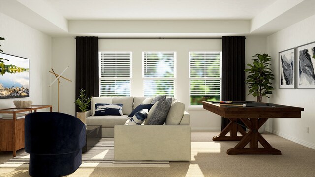 living room with a raised ceiling and light carpet