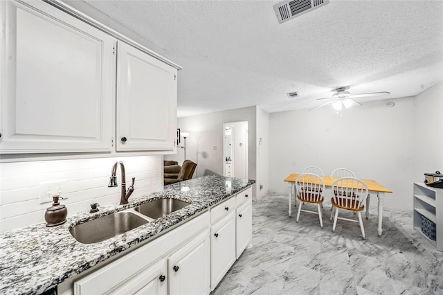 kitchen featuring sink, white cabinets, decorative backsplash, and light stone counters