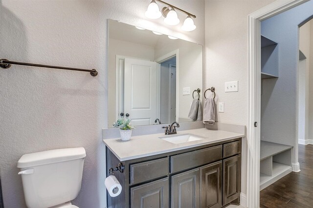 bathroom featuring hardwood / wood-style flooring, vanity, and toilet