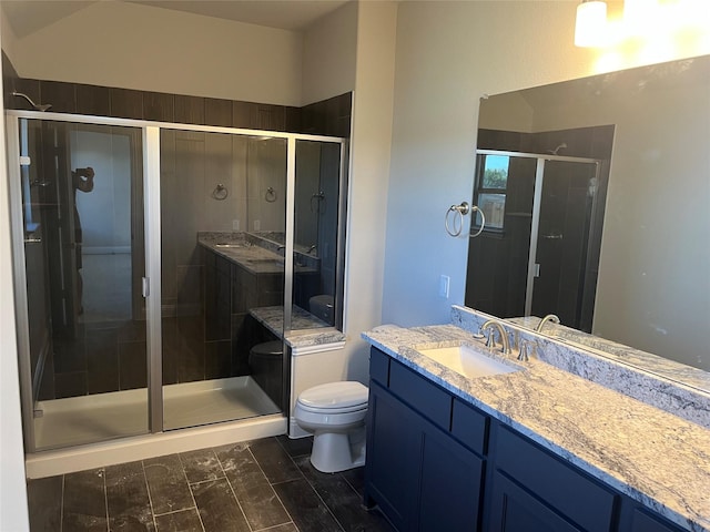 full bathroom featuring a shower stall, toilet, vanity, and vaulted ceiling