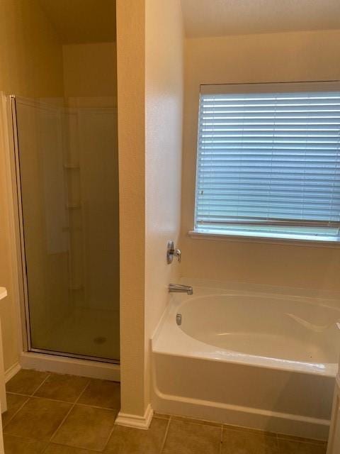 bathroom with vanity, separate shower and tub, and tile patterned flooring