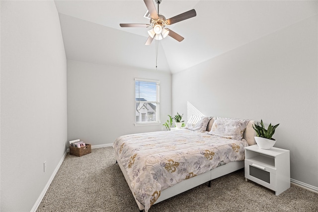 carpeted bedroom featuring ceiling fan and lofted ceiling