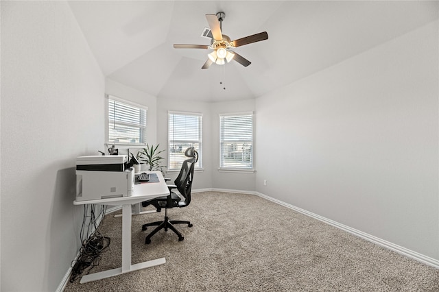 home office with lofted ceiling, carpet, baseboards, and ceiling fan