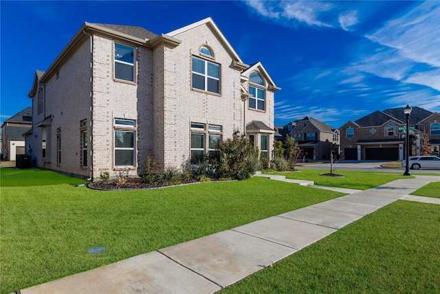 view of property exterior featuring a yard, a residential view, cooling unit, and brick siding