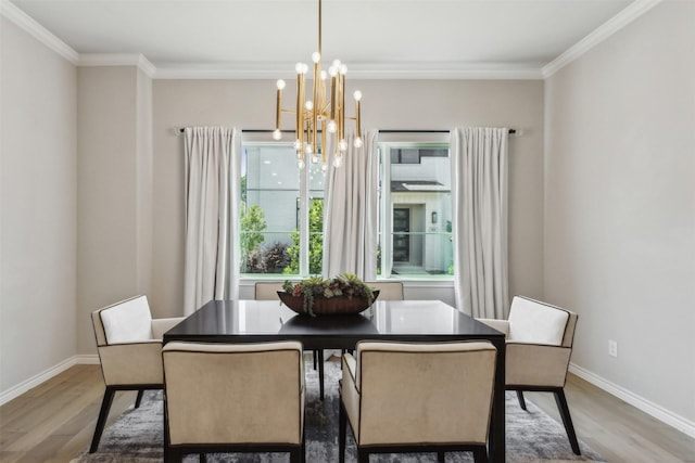 dining space with crown molding, dark hardwood / wood-style flooring, and a chandelier