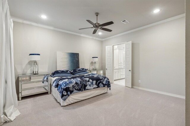 carpeted bedroom with ceiling fan, crown molding, and connected bathroom