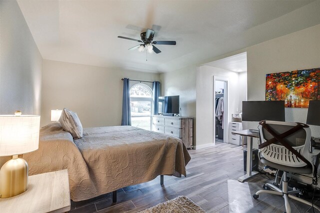 bedroom with a walk in closet, ceiling fan, and a closet