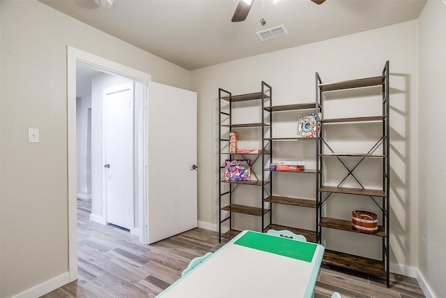 storage room with ceiling fan